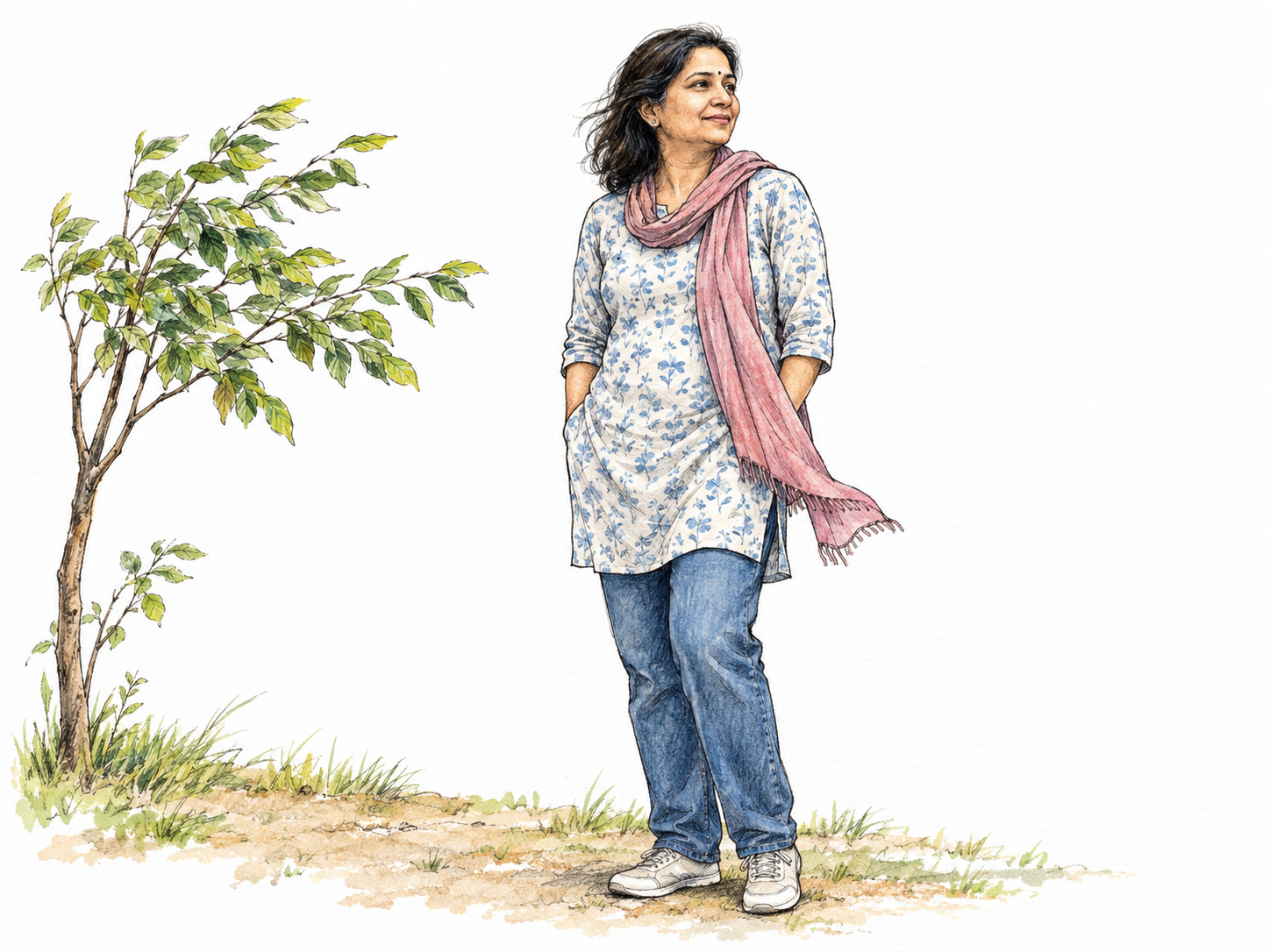 A relaxed woman enjoys a mild breeze: just the loose end of her scarf and a few nearby leaves stir gently.