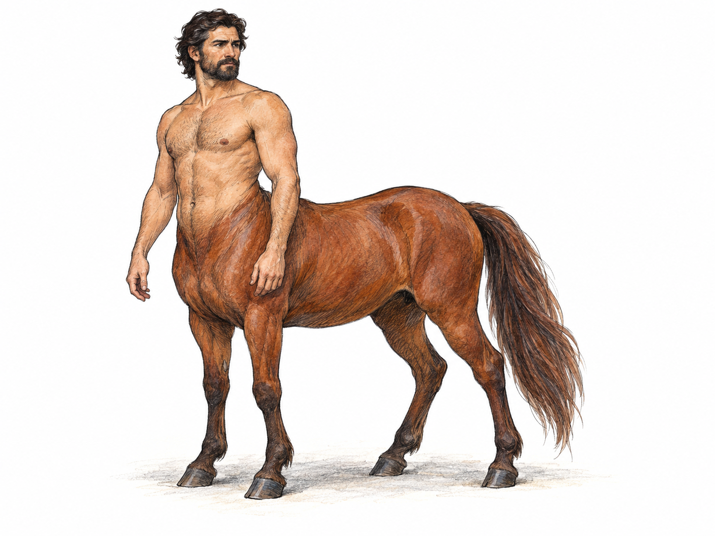 A single Greek-mythological centaur in unobstructed three-quarter side view: a man's head, torso and arms merge directly into the body of a horse, with all four horse legs visible.