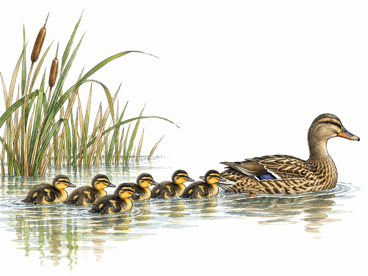 A brood of ducklings follows their mother through reeds.