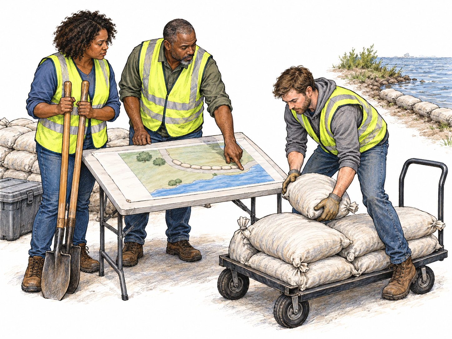 A flood-response team organizes volunteers and supplies for deployment: a coordinator assigns a sandbagging position on a simple pictorial site plan while one volunteer gathers shovels and another loads sandbags onto a handcart.