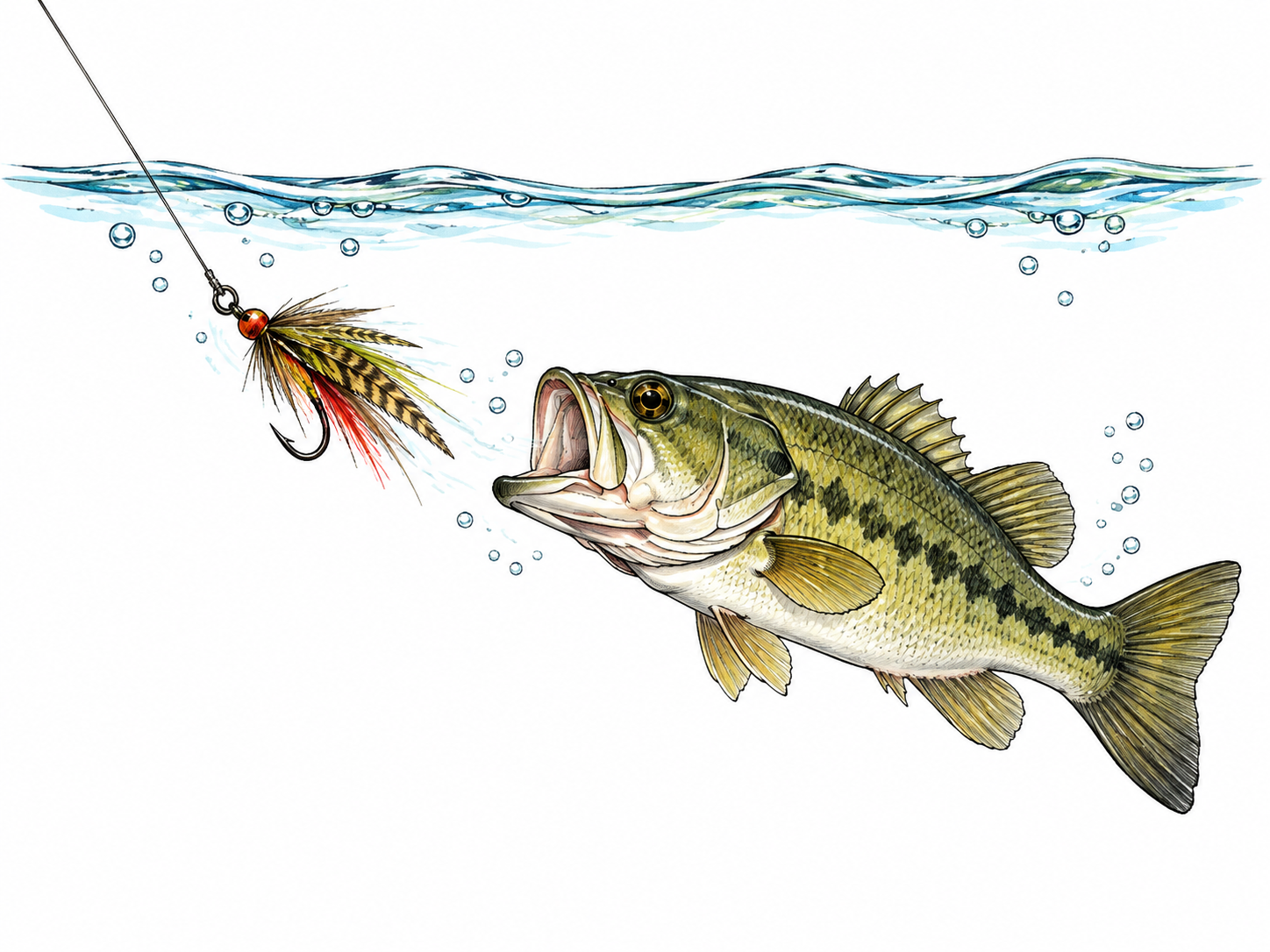 An angler draws a fish toward a feathered fishing lure beneath a small cutaway water surface; clear attraction action.