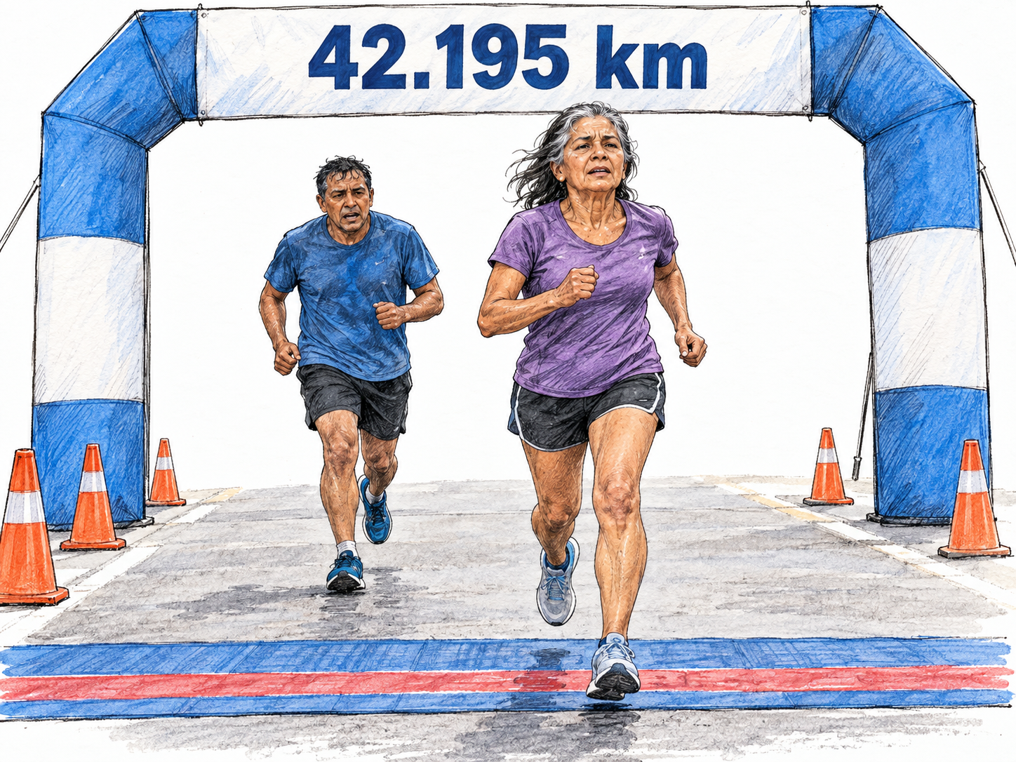 Two visibly tired road runners approach a finish arch marked only “42.195 km,” distinguishing a marathon from a generic footrace.