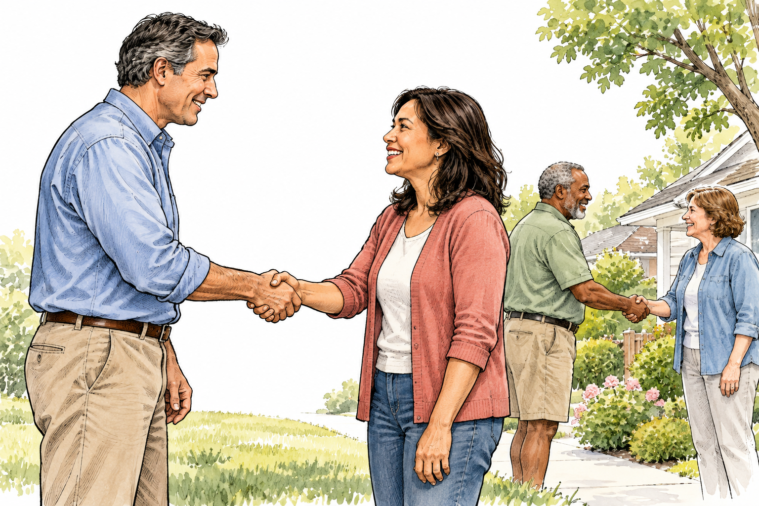 Two adults greet each other with a customary handshake while neighbors do likewise, accepted social usage, no speech text.