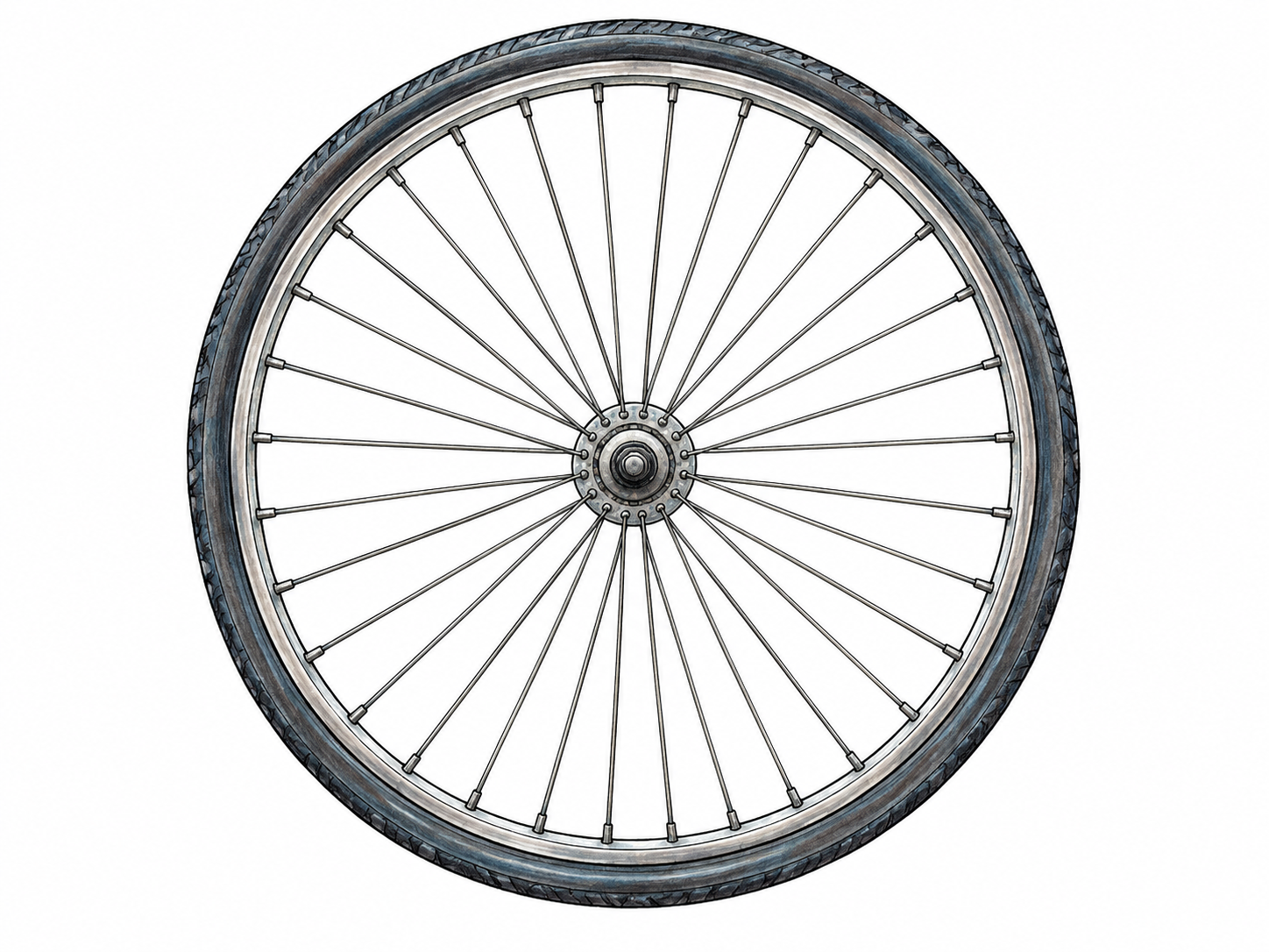 Simple bicycle wheel seen face-on, evenly spaced spokes radiate from central hub to circular rim; crisp geometry, no labels or bicycle background.