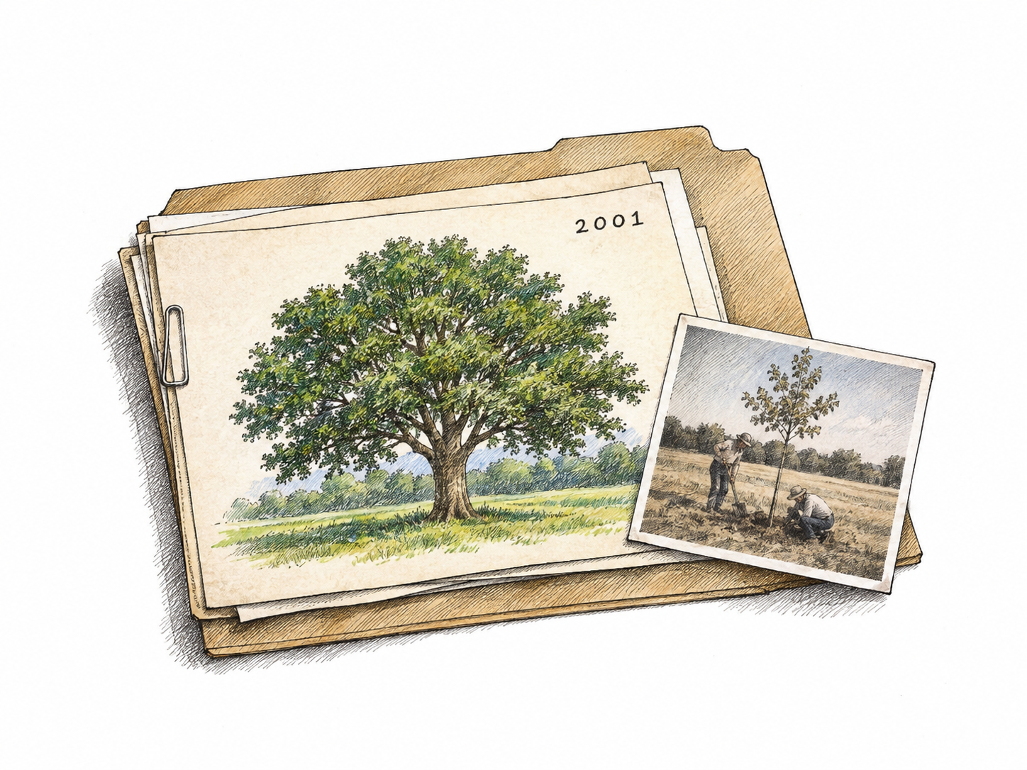 A carefully stored paper record in a plain archival folder beside a small photograph of the same tree being planted years earlier; sparse date digits2001 on paper are only functional text, no prose; focus preserved account, not achievement or vinyl.