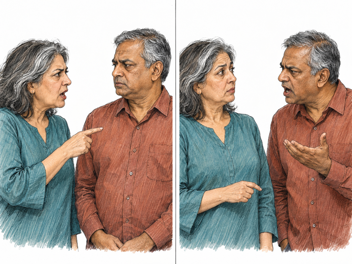 A two-panel exchange shows a man receiving a pointed remark, then immediately answering sharply as the original speaker falls silent and recoils.