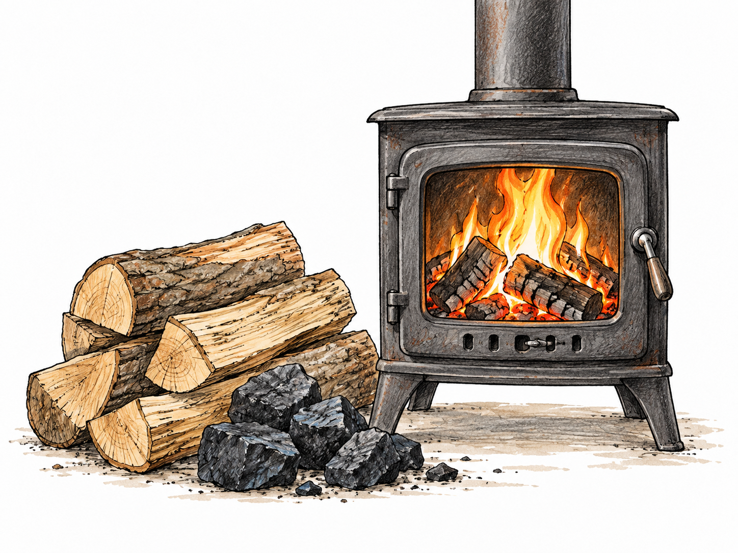 Plain dry firewood logs and a few coal pieces beside a safely contained small stove fire, material burned to produce energy, no labels.