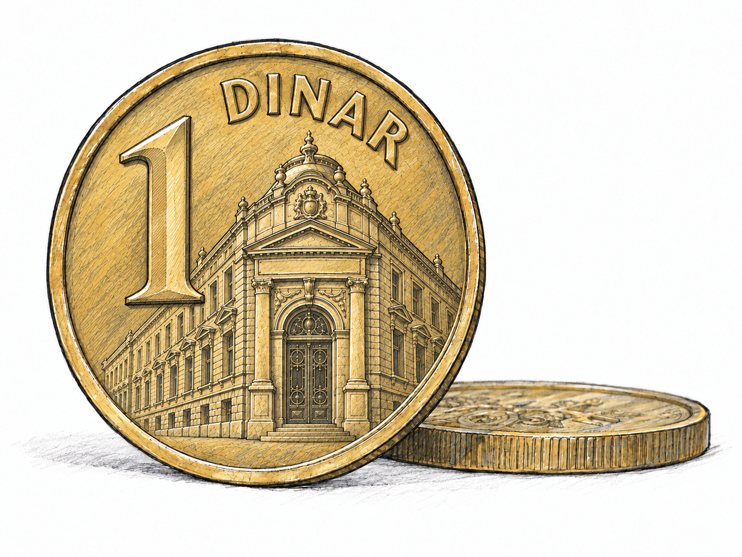 A close, clear view of a contemporary Serbian one-dinar coin, with its denomination facing the viewer, beside a second coin seen edge-on.