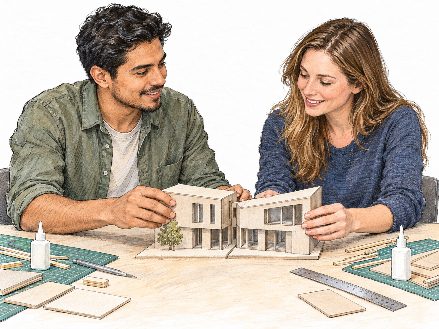 Two equal-status design colleagues collaborate on a small architectural model, each contributing a piece while attentively acknowledging the other's work.