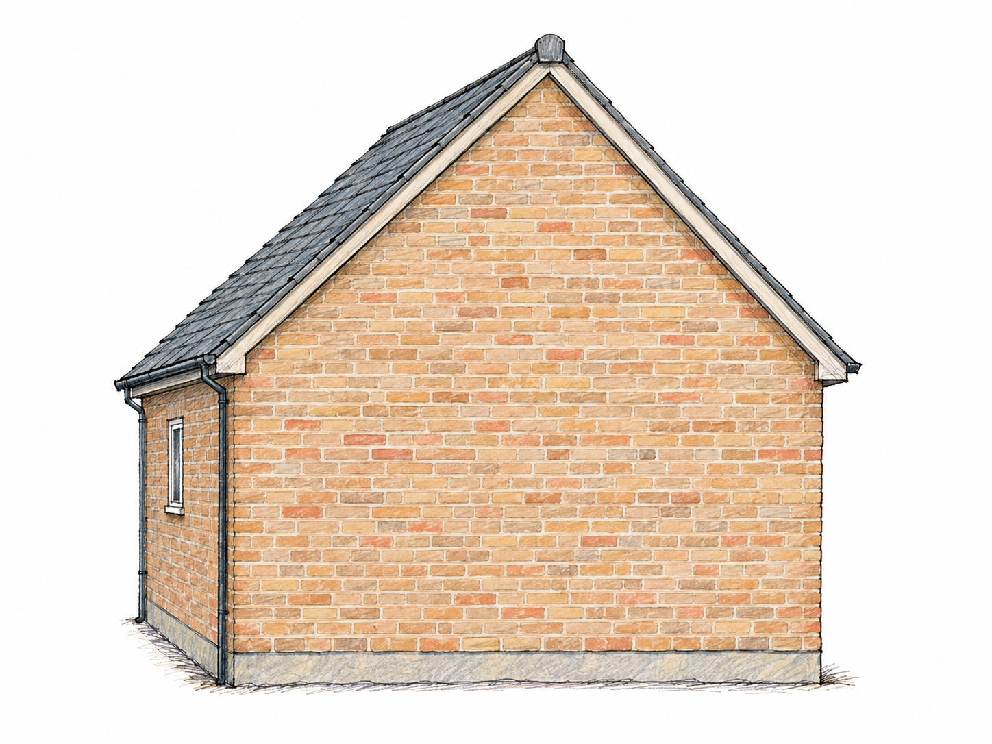 A simple house viewed almost straight toward its end wall, with a slight glimpse of one side.