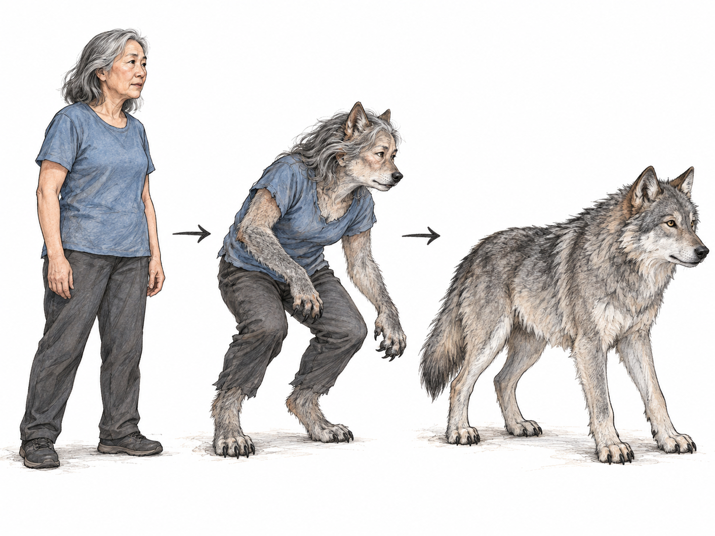 A compact three-stage transformation shows the same older woman becoming a wolf: human at left, visibly changing in the center, and a natural wolf at right.
