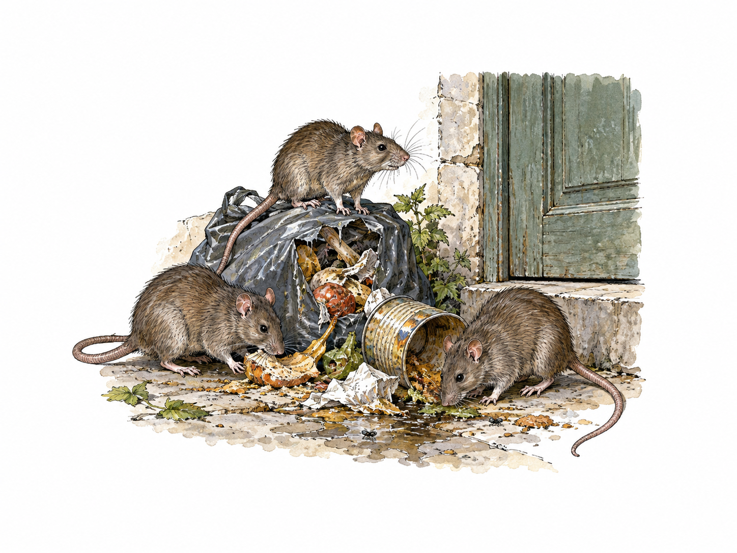Swarm of rats near contaminated refuse outside a closed dwelling, visual threat of disease, restrained non-grotesque.