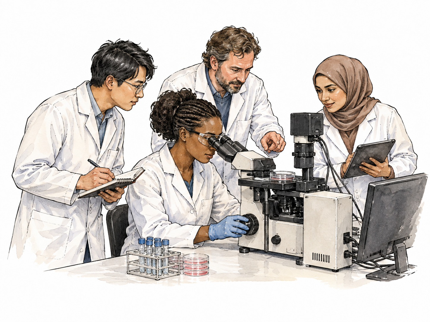 A small diverse group of highly skilled scientists collaborates around a complex instrument.