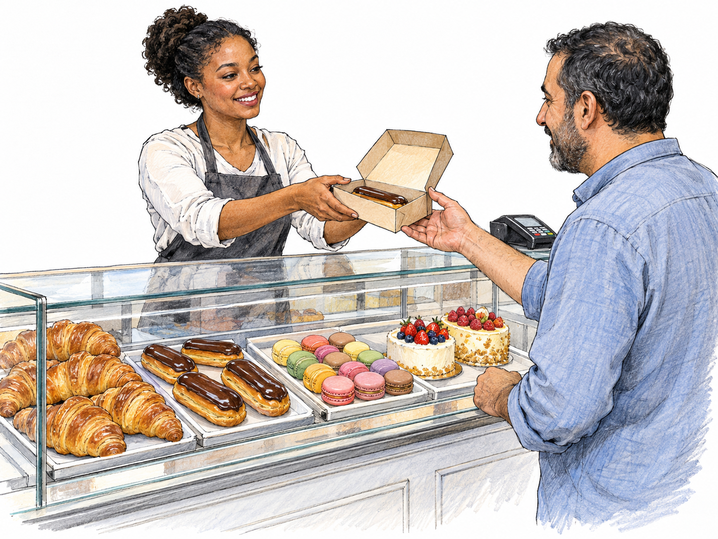 A compact pastry-shop sales counter with a glass display of recognizable French pastries and small cakes, while an attendant hands a boxed éclair to a customer.