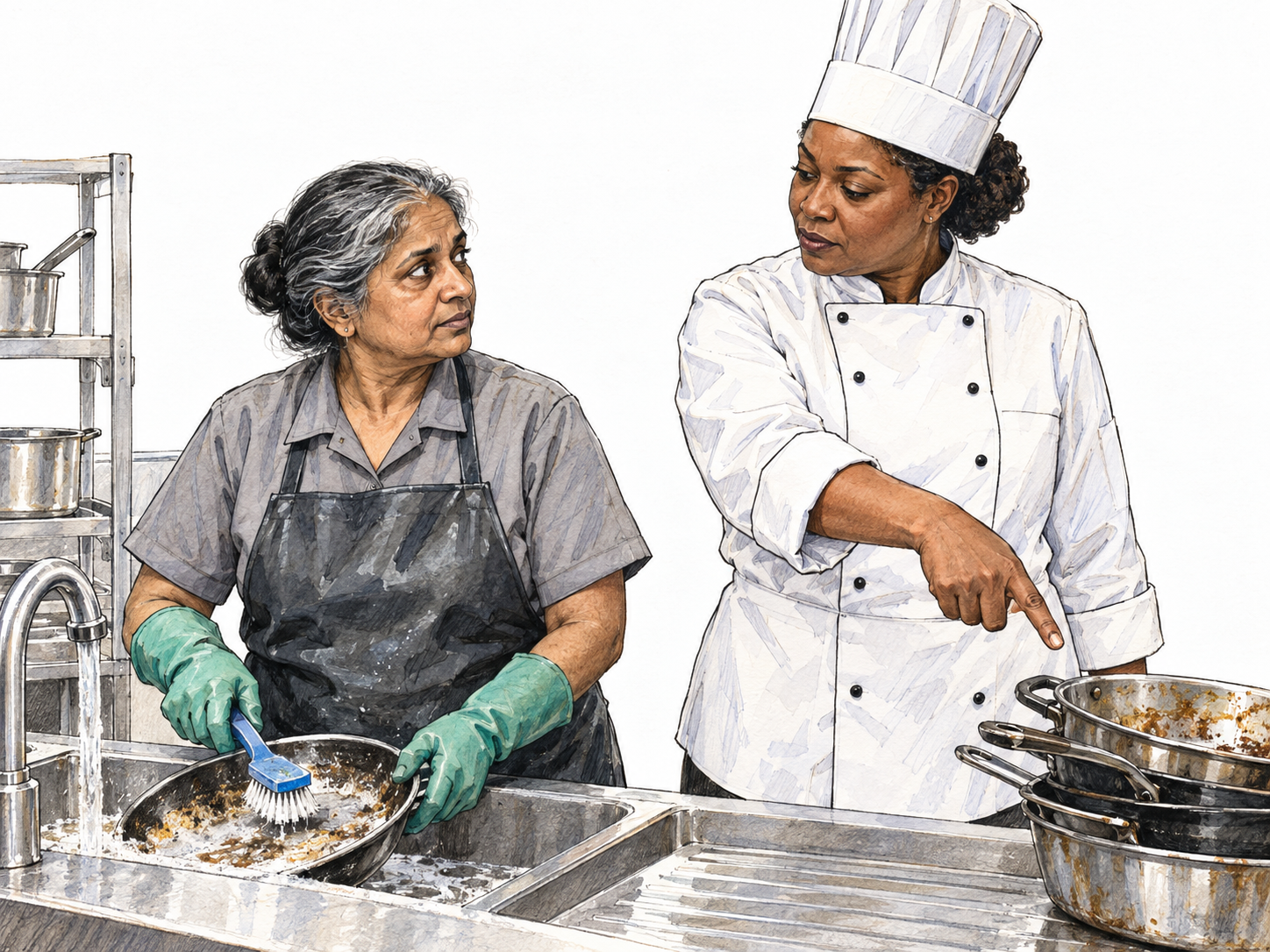 A low-ranking kitchen assistant receives a task from the head chef: the assistant holds a scrub brush beside piled dirty pans while the formally uniformed chef points to the next pan to wash.