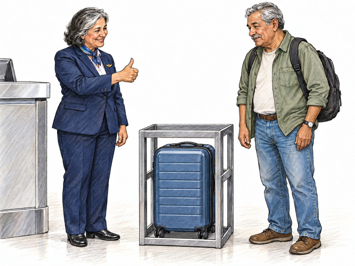 At an airport carry-on checkpoint, a suitcase fits completely inside a rigid baggage-sizing frame.