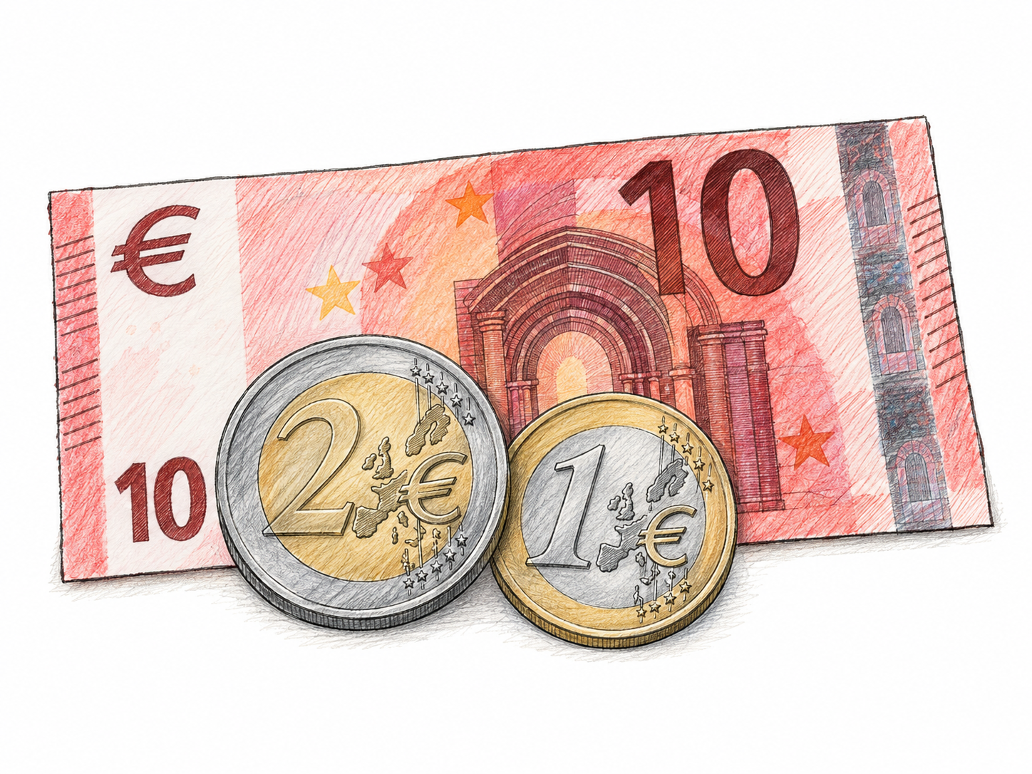 A small, clear still life of euro currency: one €10 banknote behind a two-euro coin and a one-euro coin, emphasizing the recognizable shared currency without adding people or unrelated objects.