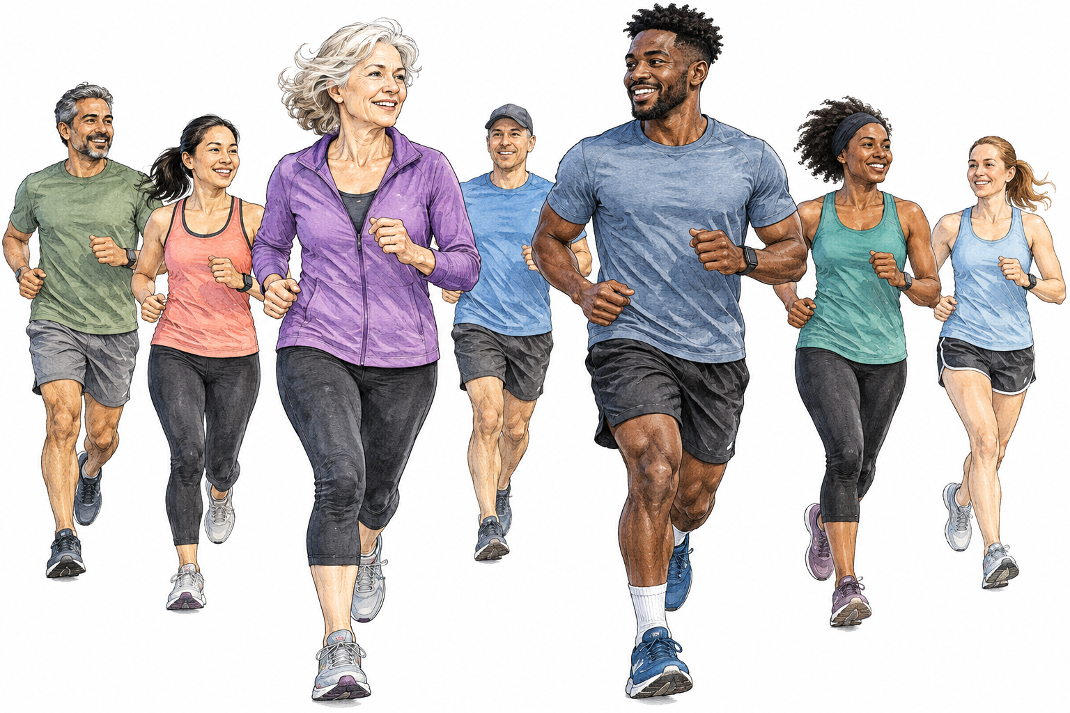 Diverse adults briskly jog in park, comfortably sustained aerobic exercise, older white woman and young Black man at front.
