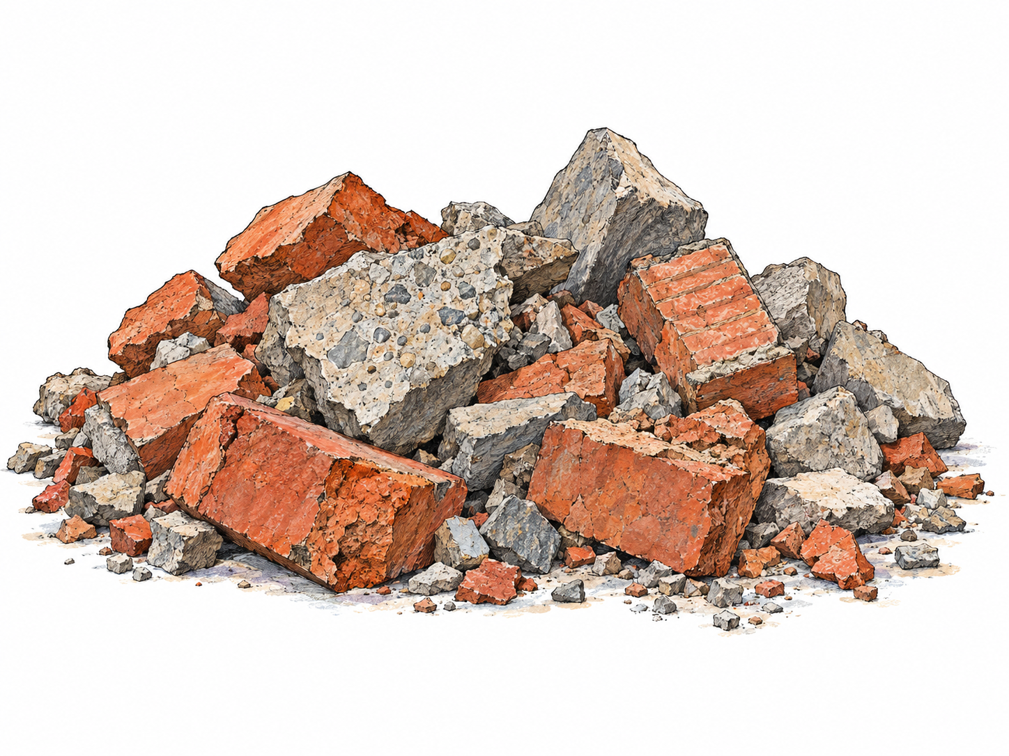 A low heap of jagged broken masonry: fractured red bricks, rough gray concrete chunks, and angular stone fragments, with smaller chips scattered at its base.