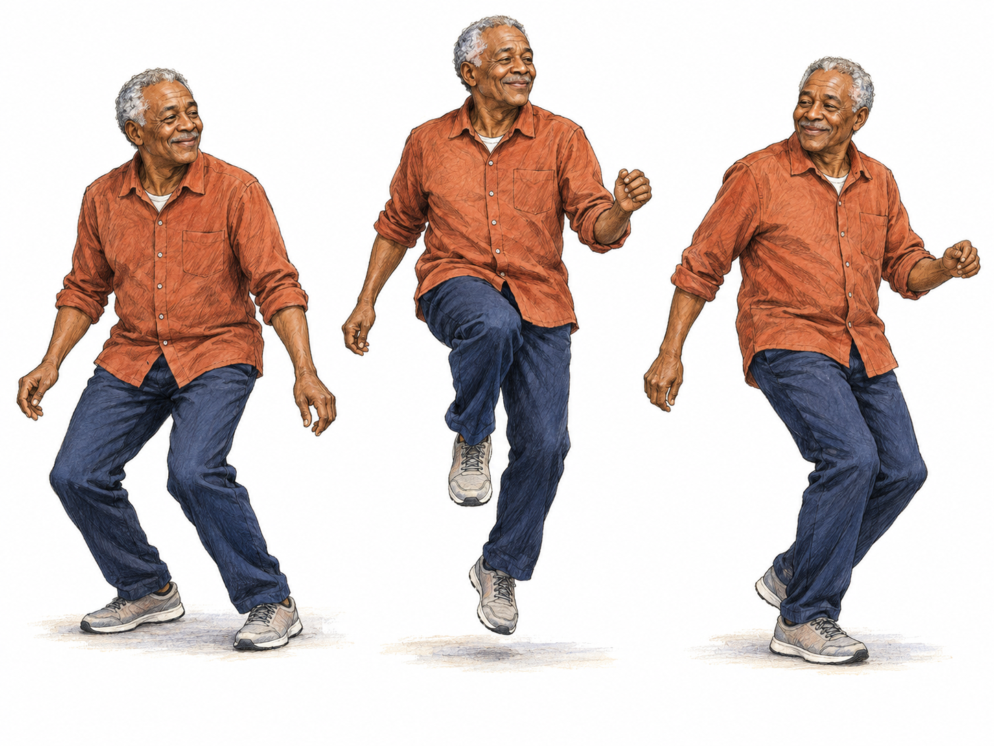 A short, left-to-right sequence of the same man performing a light, buoyant dance step: a gentle knee bend, a lifted skipping step, and a soft landing.