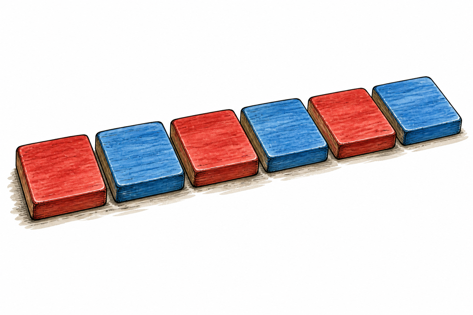 A clear row of wooden tiles alternates red, blue, red, blue, red, blue.