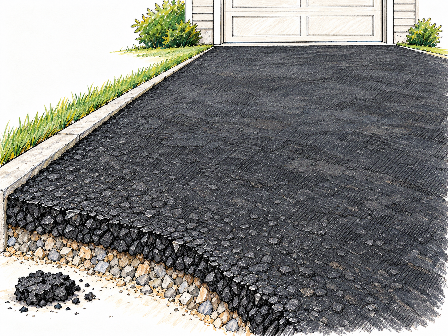 A freshly paved dark asphalt driveway, with a rough unfinished near edge that clearly exposes the small stones bound into the paving material.