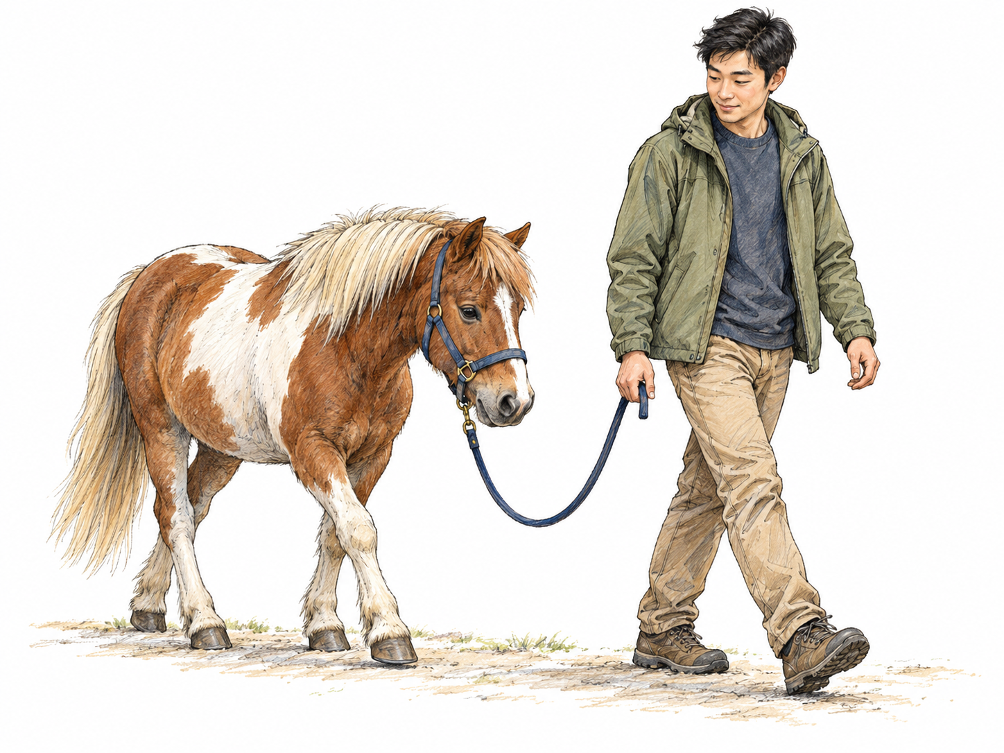 A relaxed pony willingly follows a handler on a visibly slack lead rope, showing how easily it can be led and managed.