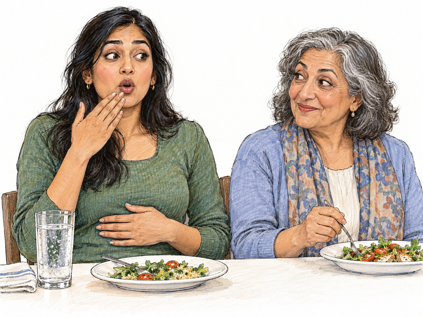 A woman abruptly belches after drinking sparkling water: her mouth opens in a short, involuntary release, one hand rests on her upper stomach, and the other rises belatedly to cover her mouth.
