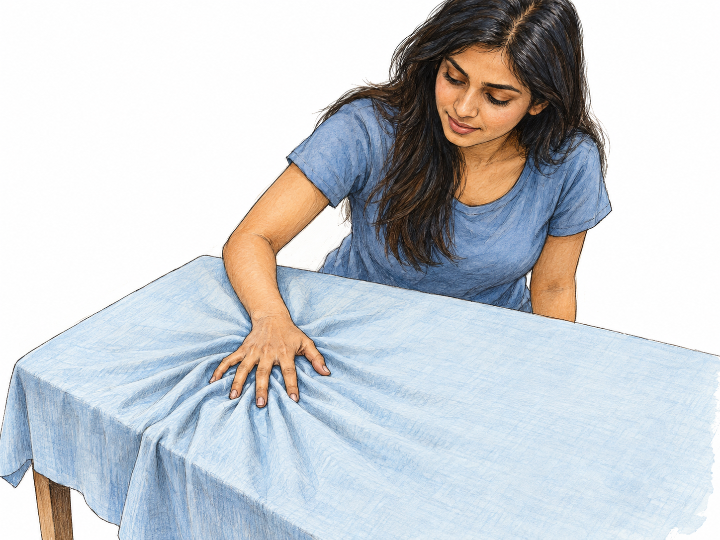 A woman pushes her spread fingertips across a smooth cotton tablecloth, gathering the fabric into conspicuous small wrinkles directly ahead of her hand while the surrounding cloth remains flat.