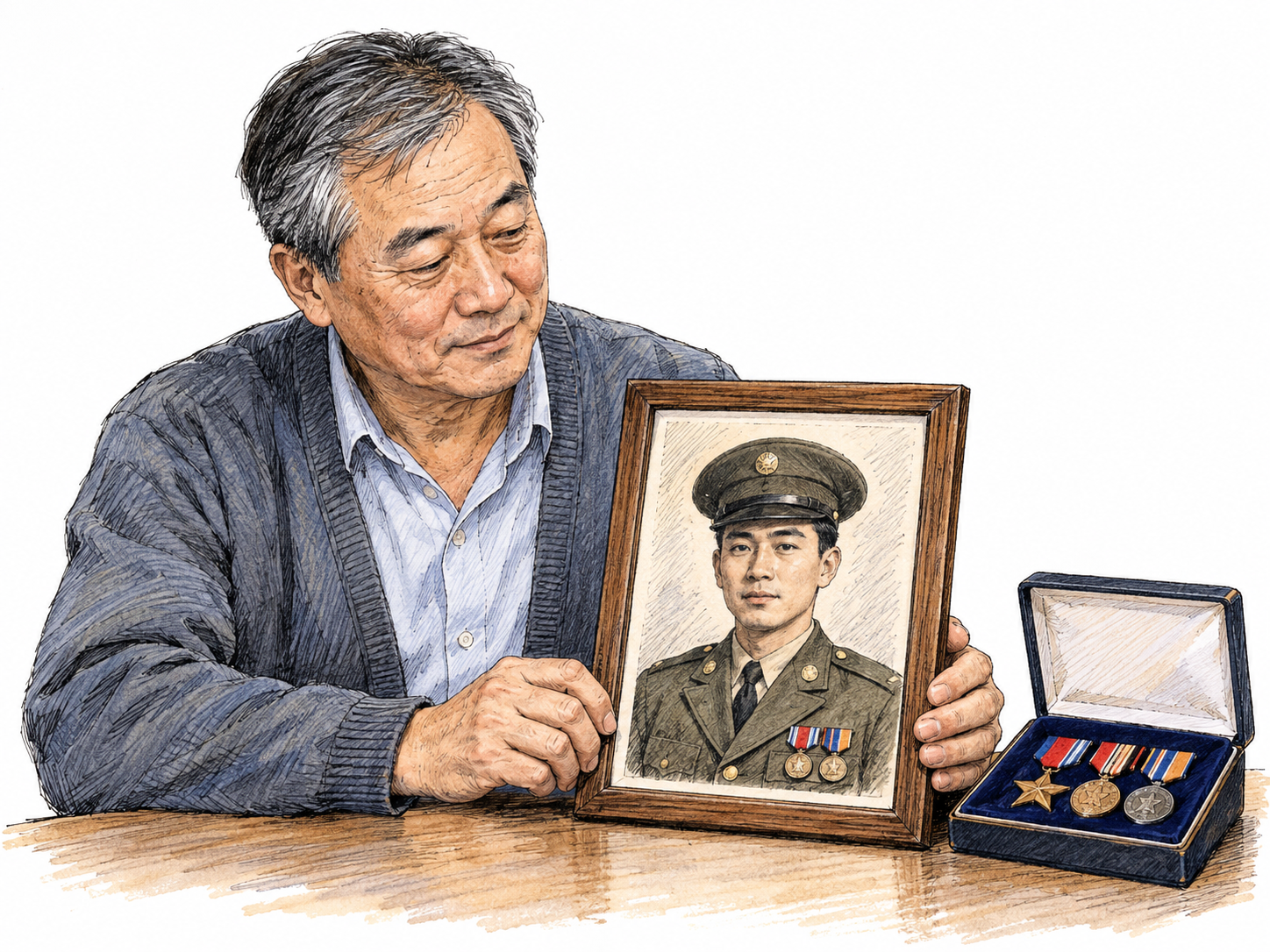 A middle-aged man in civilian clothes displays his old military service portrait and medals, visibly connecting his present civilian life with his younger self in uniform.