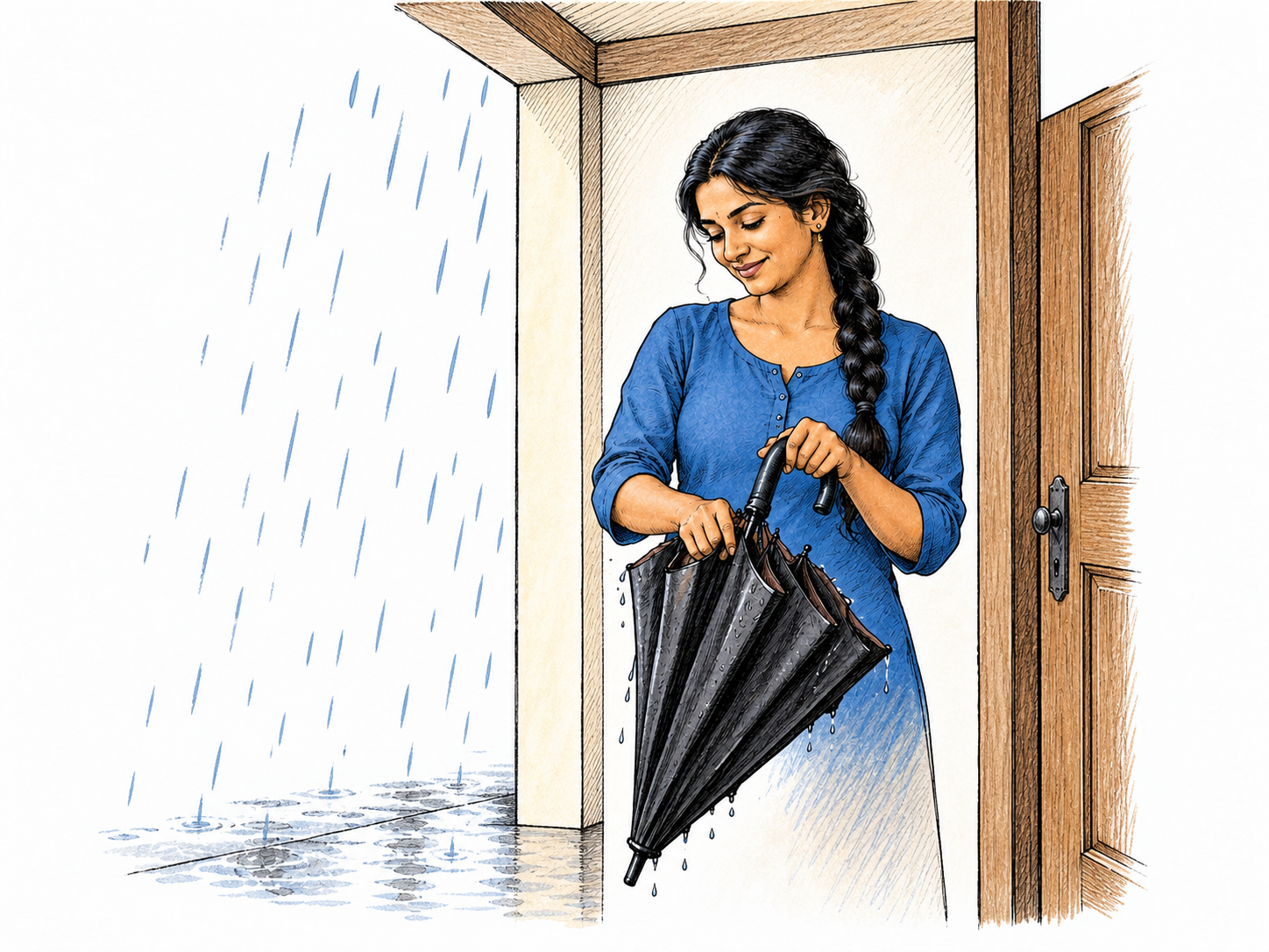 Woman confidently closes umbrella while standing under simple sheltered doorway as rain visibly falls outside; assured safety beneath solid shelter rather than speculation, sparse vignette.