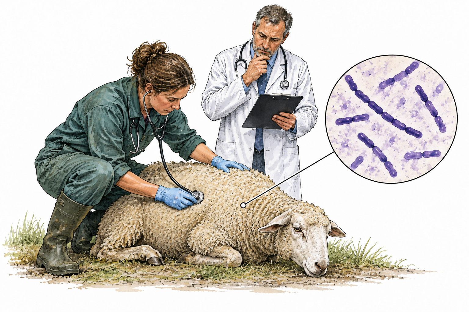 Non-graphic medical educational scene: veterinarian examines a sick sheep while a doctor consults nearby, magnified inset shows rod-shaped bacteria in short chains representing anthrax infection.
