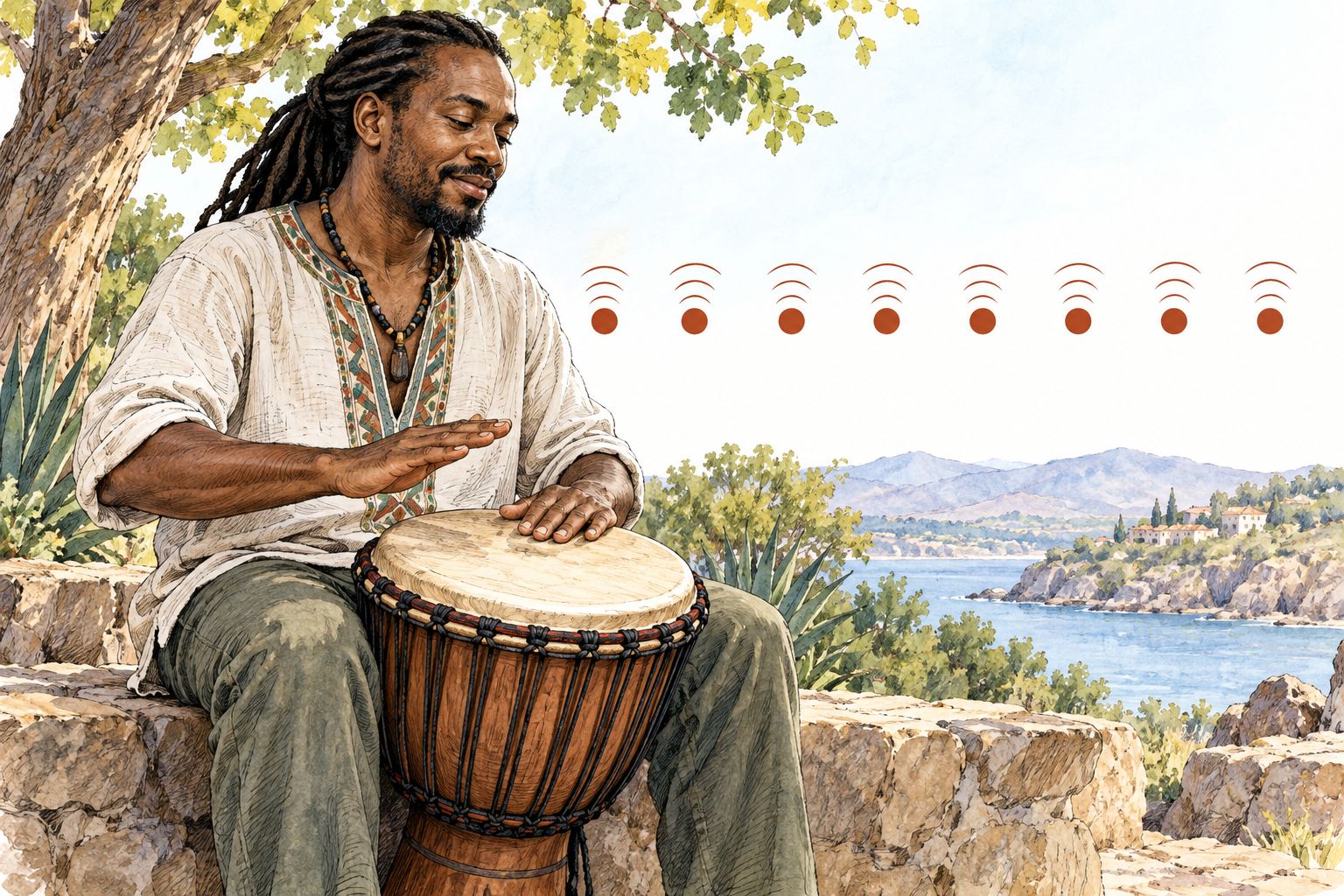 Black adult drummer taps steady evenly spaced beats on hand drum, repeated small equal sound pulses show regular rhythmic pattern, no writing.