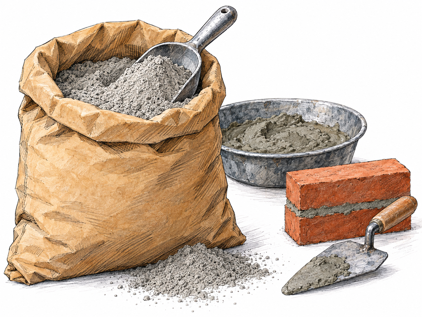 An open paper sack filled with fine gray cement powder, with a scoopful and a small powder spill prominently visible.