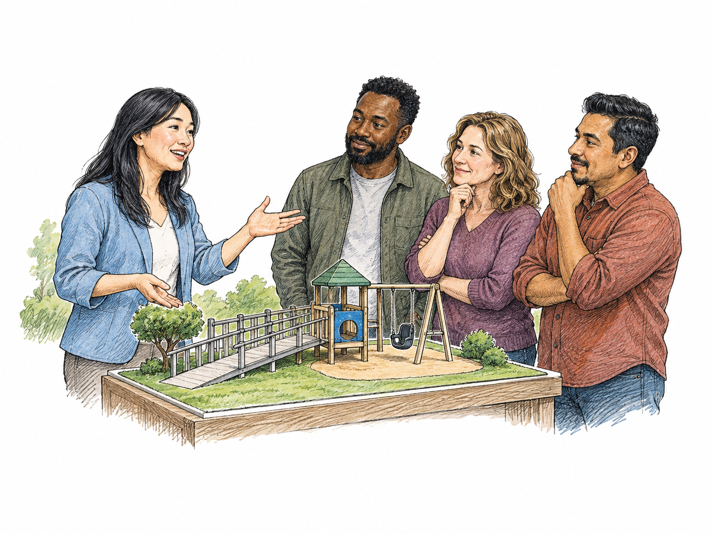 A speaker publicly recommends a proposed accessible playground by presenting a simple model with a ramp and swing to three attentive neighbors, open confident hand gesture, no signs or text.