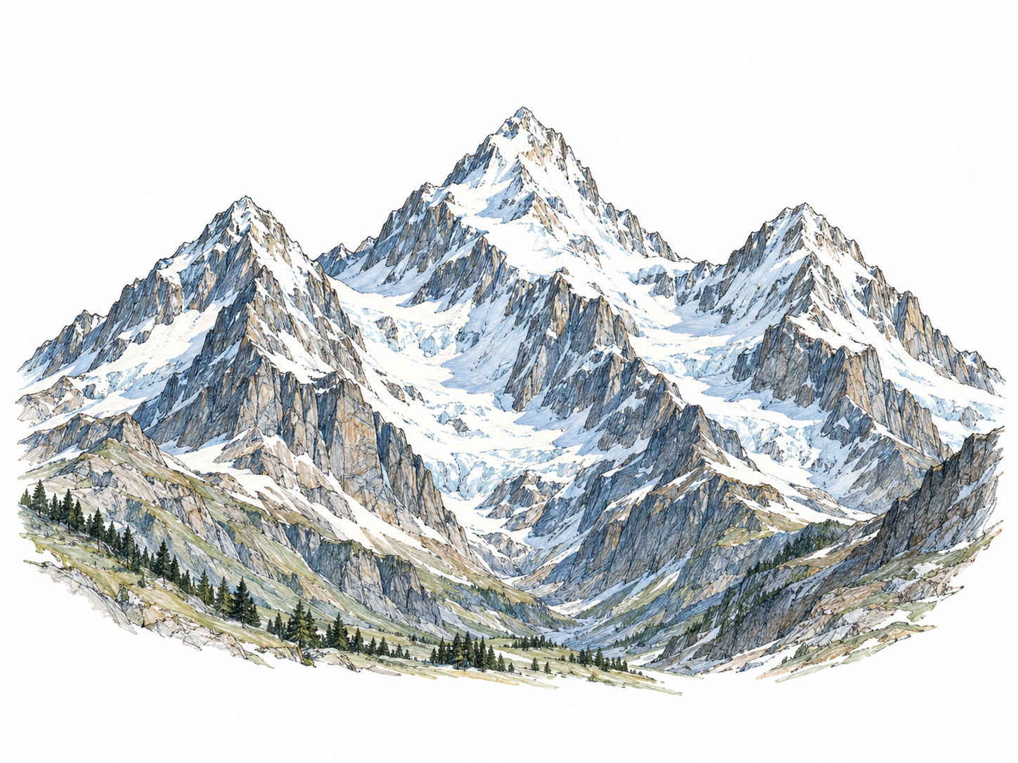 A majestic snow-capped mountain massif towers above a deep valley, with tiny foreground conifers establishing its immense scale.