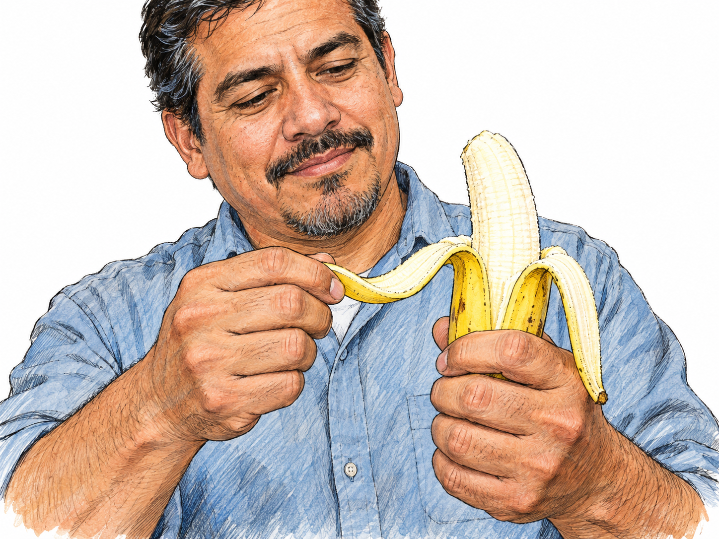 A man pulls a broad strip of peel downward from a partially peeled banana, clearly exposing the pale fruit beneath its yellow outer covering.