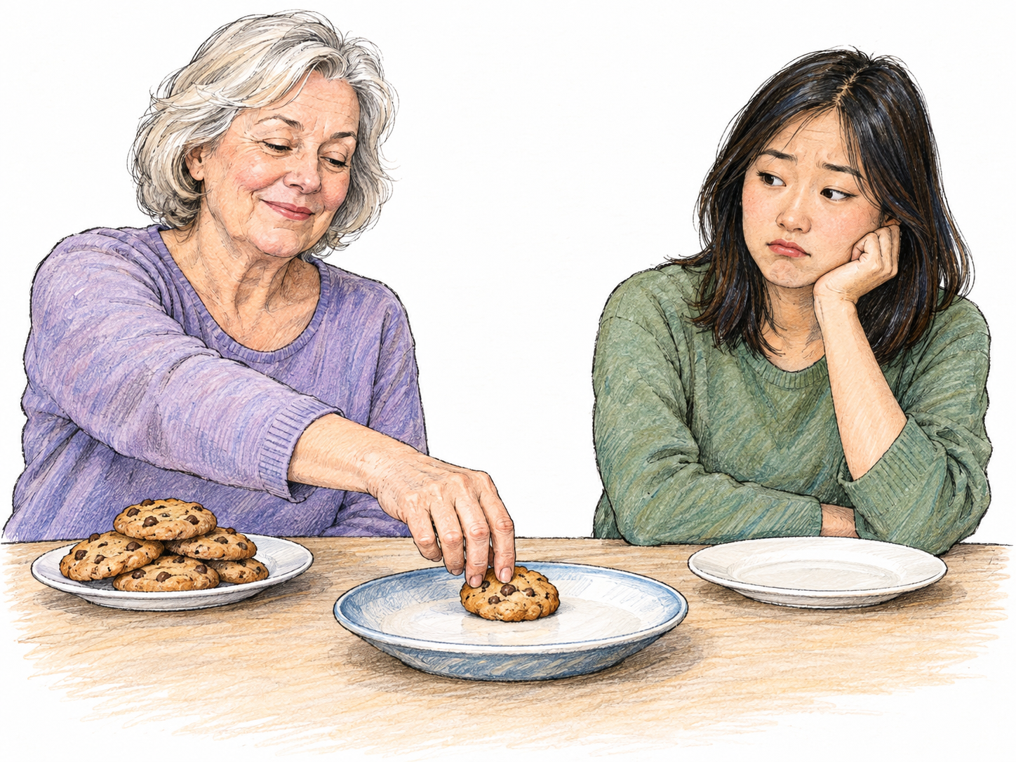 At a shared snack table, an older woman with a plate already piled with cookies reaches for the last cookie on the serving dish while a younger woman beside her has an empty plate.