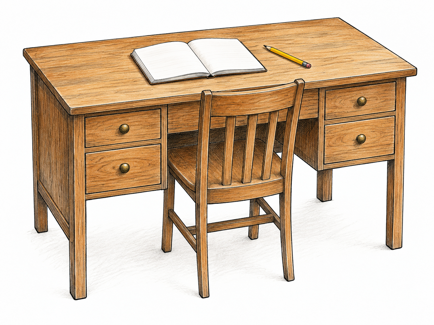 Plain wooden writing desk with drawers, open blank notebook and pencil on spacious work surface, chair tucked under.