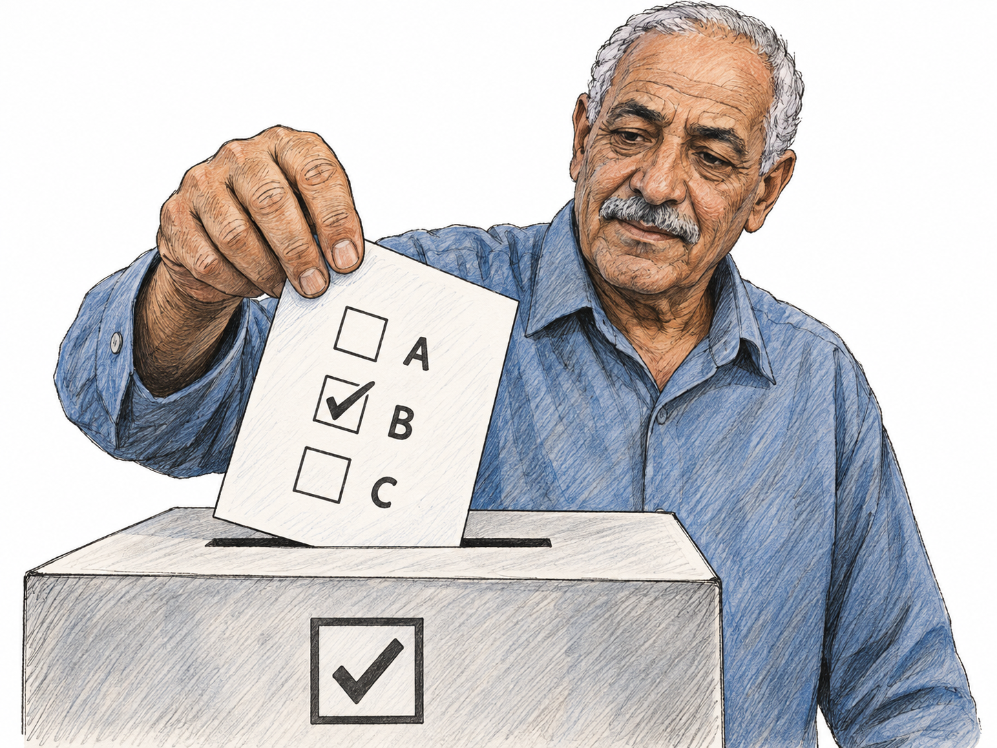 A clearly marked voting form, with one of three candidate choices selected, is being lowered into the slot of a ballot box.