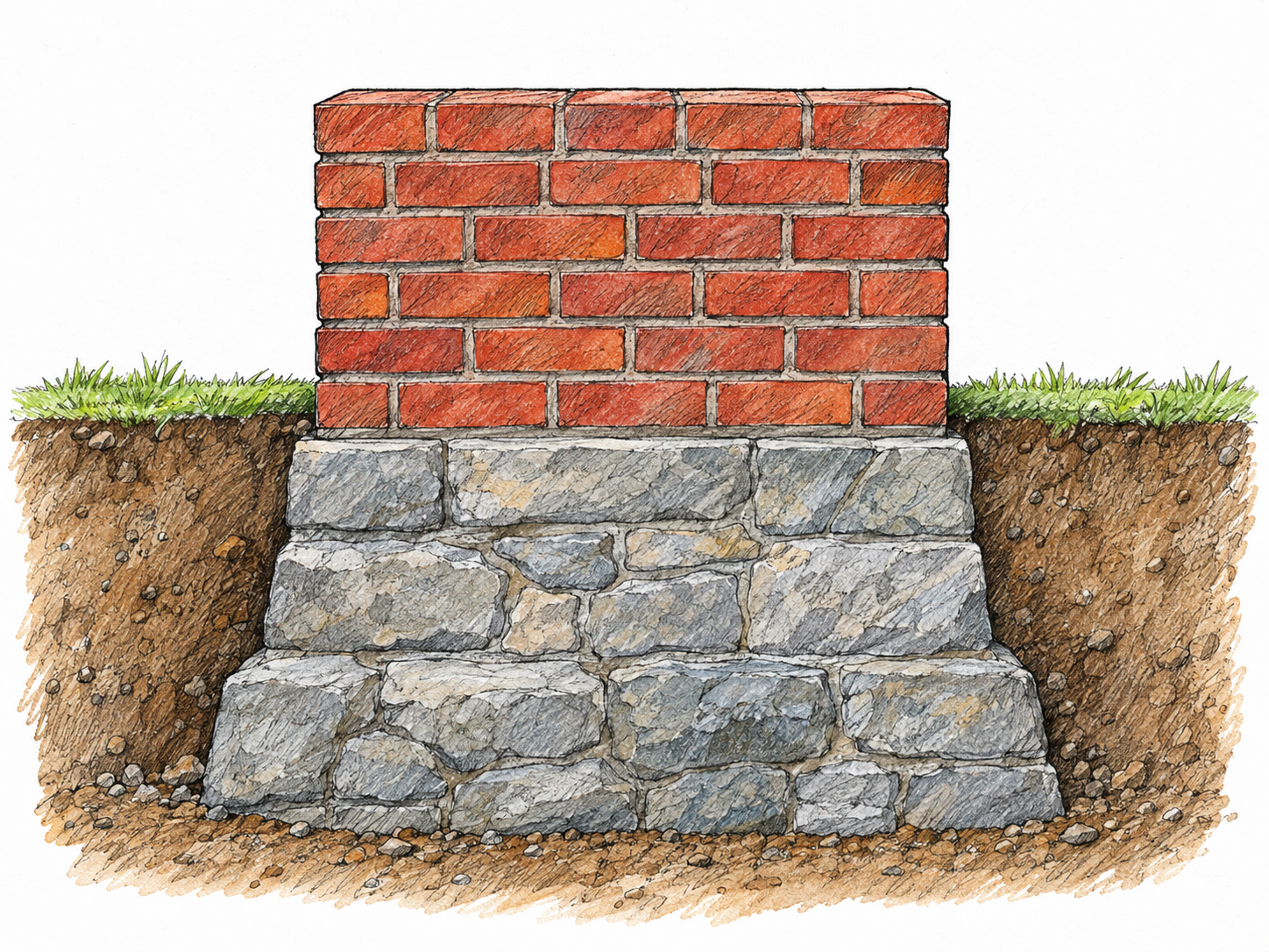 A simple cutaway of a small brick wall resting on a broad, solid stone foundation, making the essential supporting base clearly visible.
