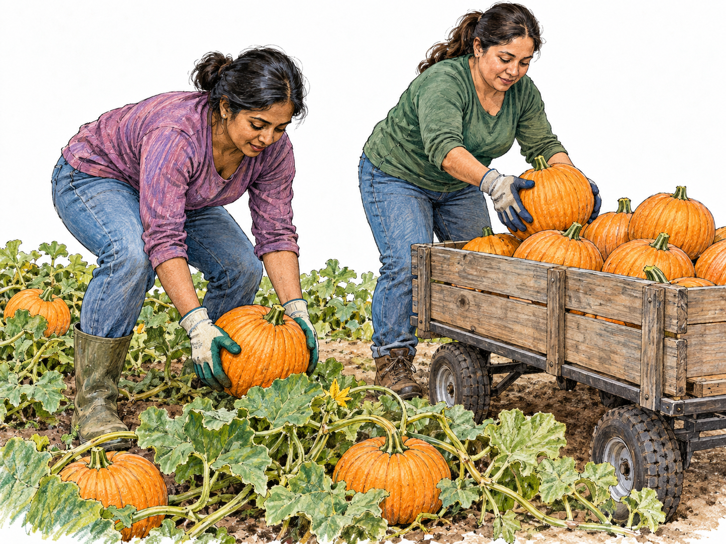 Two farm workers gather ripe pumpkins from a cultivated patch into a low cart already piled with harvested pumpkins, showing both crop gathering and the gathered yield.