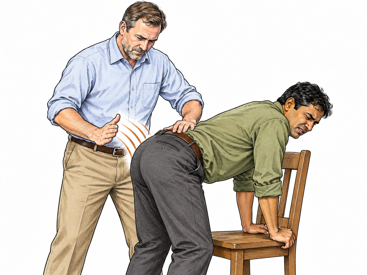 A restrained nonsexual educational vignette of two fully clothed adults depicting a disciplinary spanking, one open palm poised beside clothed buttocks and small repeated motion arcs; no children, injury, nudity or erotic focus.