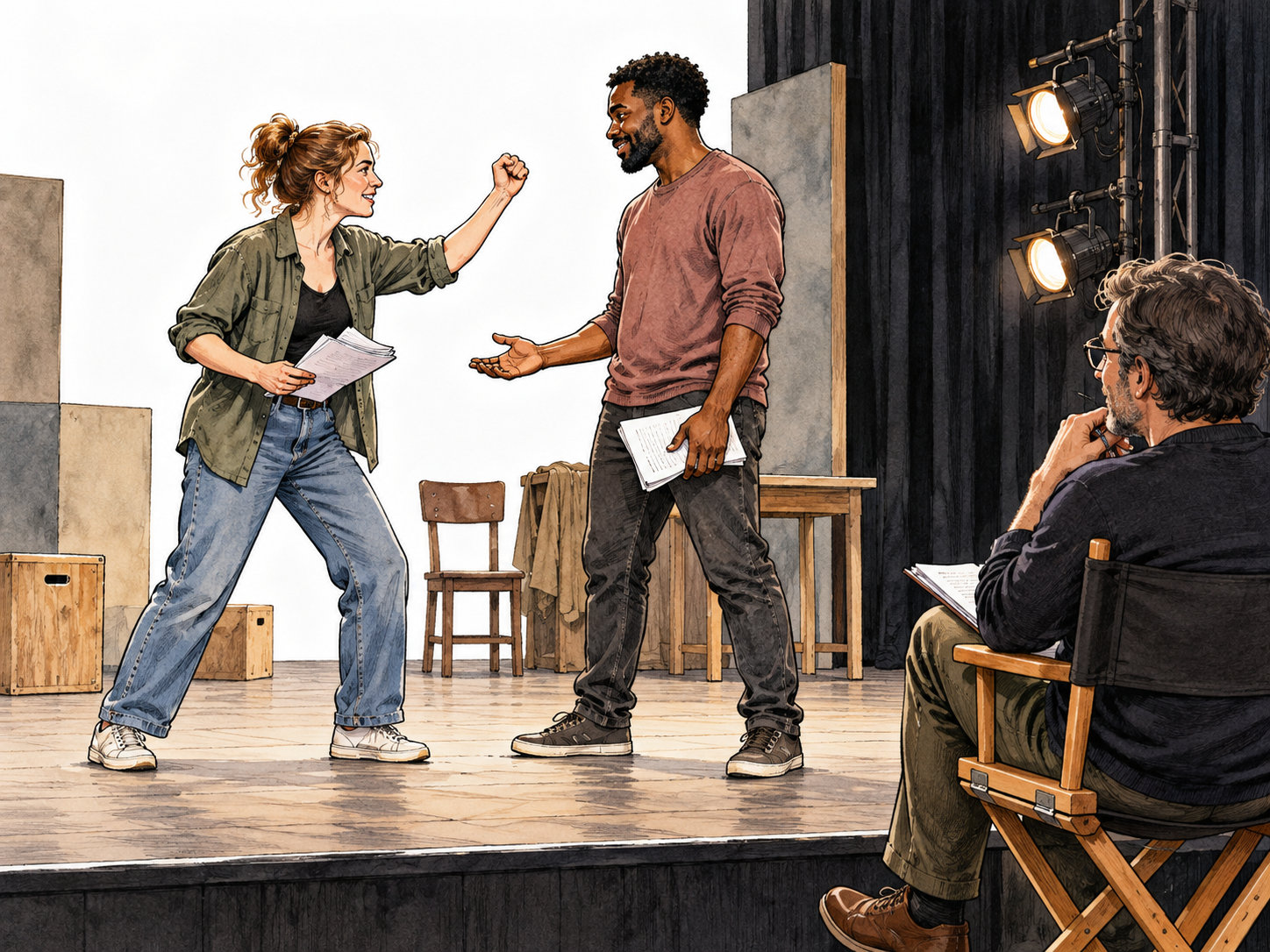 A single wide scene reveals that what appears to be a white woman raising a fist toward a Black man is actually both actors rehearsing on a small stage, with a director observing from a chair and visible stage lights.