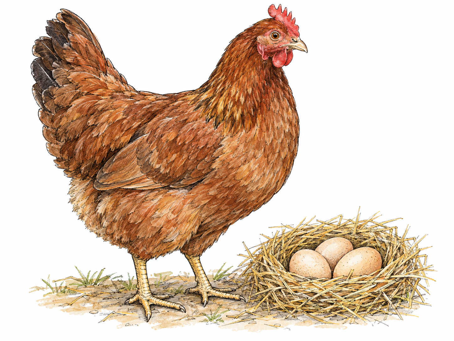 A domestic hen standing beside a shallow straw nest containing eggs, clearly showing the familiar living farm bird.