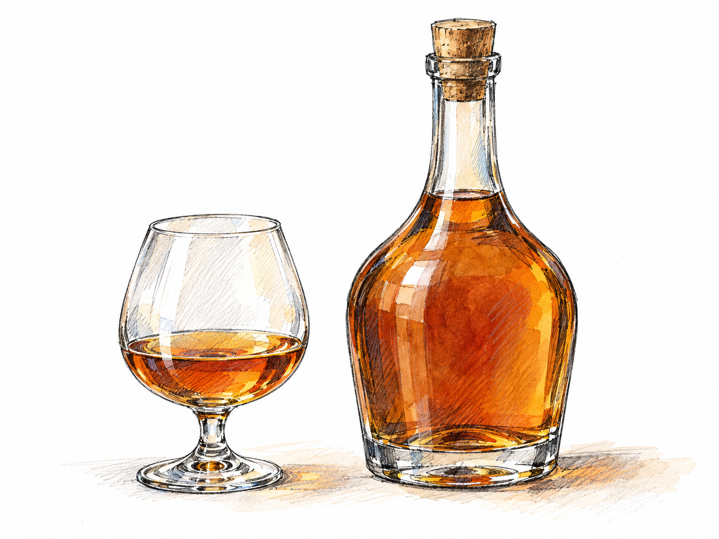 A simple still life of amber cognac in a rounded tasting glass beside an unlabelled cork-stoppered bottle, emphasizing the refined brandy rather than a drinking occasion.