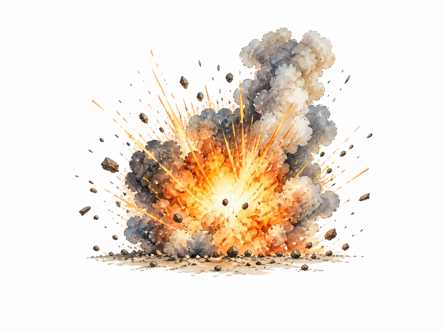 A compact dramatic burst of bright sparks, rapidly expanding smoke and small inert fragments at the instant a professional pyrotechnic charge explodes in an isolated open test area.