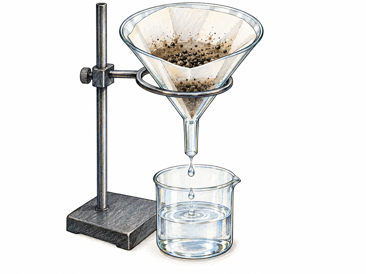A simple gravity-filtration apparatus visibly separates dirty water from solid impurities: suspended particles remain in a paper-lined funnel while clear droplets collect in a transparent vessel below.