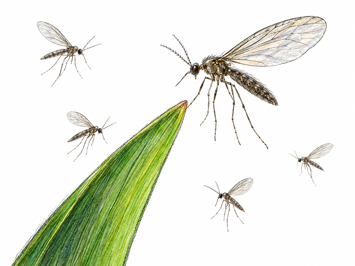 A close natural-history view of delicate gnats swarming above a grass tip, with one nearby gnat rendered clearly enough to show its tiny slender body, long legs and single pair of wings.