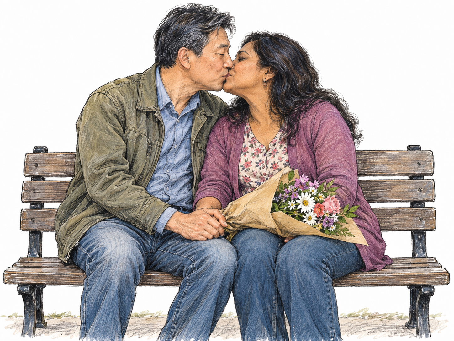 A similar-aged adult couple share a tender kiss on a park bench, holding hands, with a small bouquet resting across their laps.